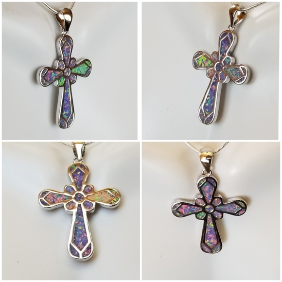 Genuine Australian Fire Opal Inlay Cross Pendant 1.65" - Picture 2 of 4